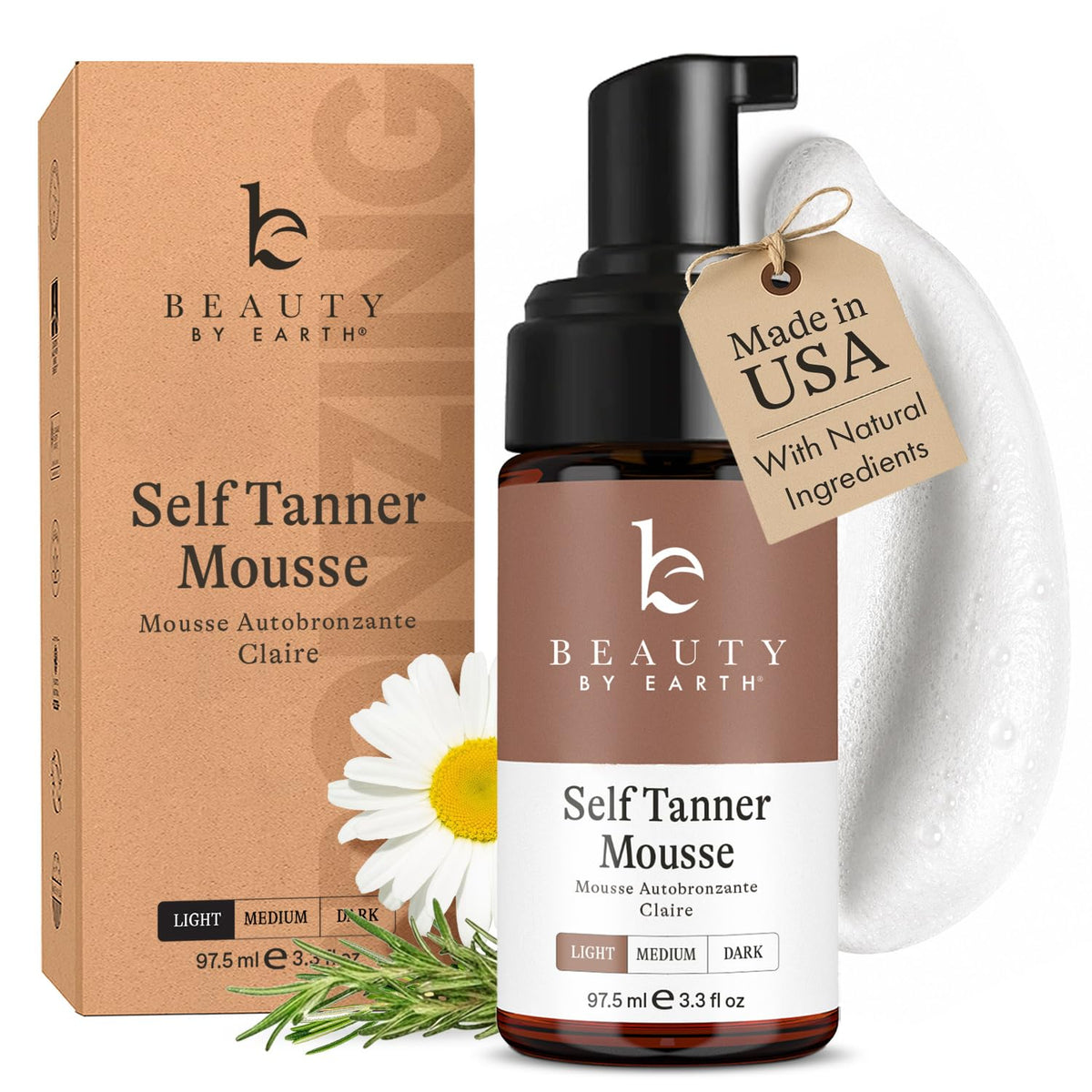 Beauty by Earth front packaging showing lightweight tan mousse benefit