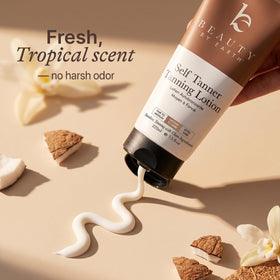Beauty by Earth lotion next to hand for scale, clarifies bottle sizes
