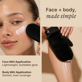 Beauty by Earth product size with bottle and mitt showing kit contents and travel-friendly benefit