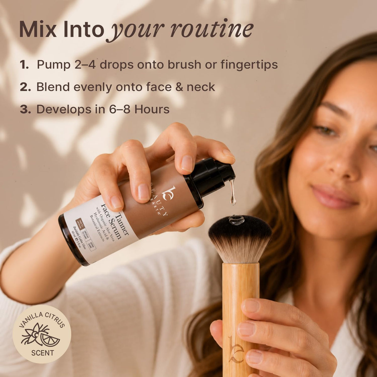 Beauty by Earth bottle in hand demonstrating compact travel-friendly size