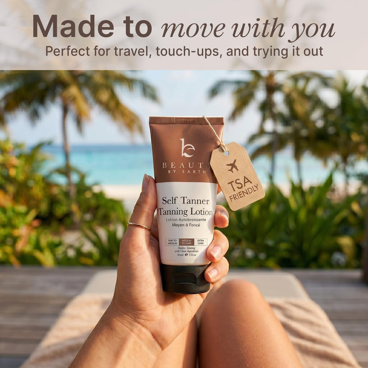 Beauty by Earth travel bottle in hand to show small size and portability benefit