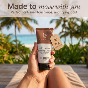 Beauty by Earth travel bottle in hand to show small size and portability benefit