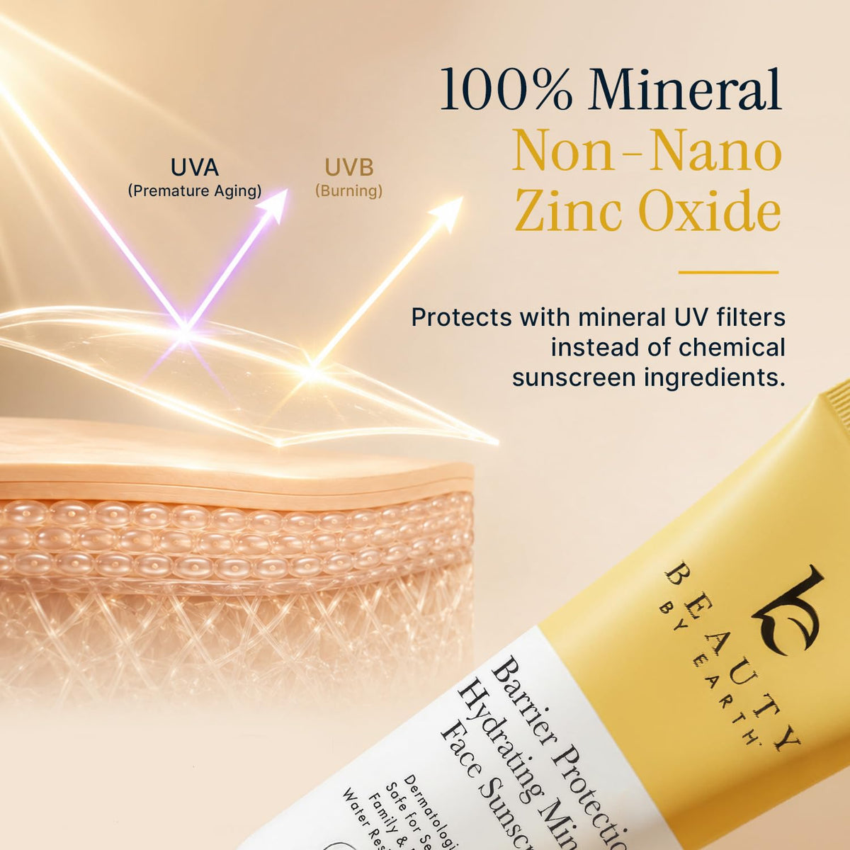Beauty by Earth sunscreen being spread on hand, illustrating easy absorption and smooth blend benefit