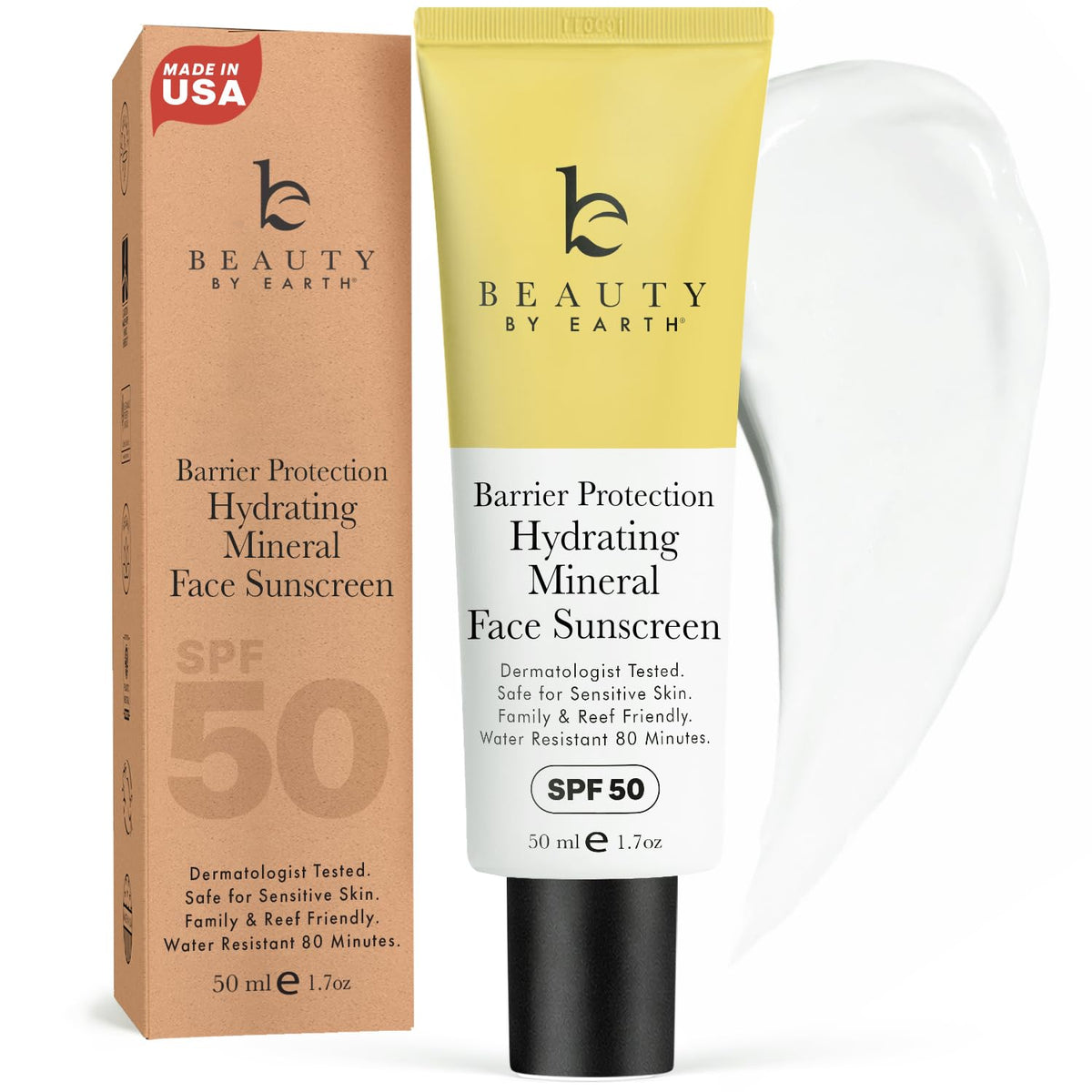 Beauty by Earth front packaging of SPF 50 sunscreen showing product branding and size, protective coverage benefit