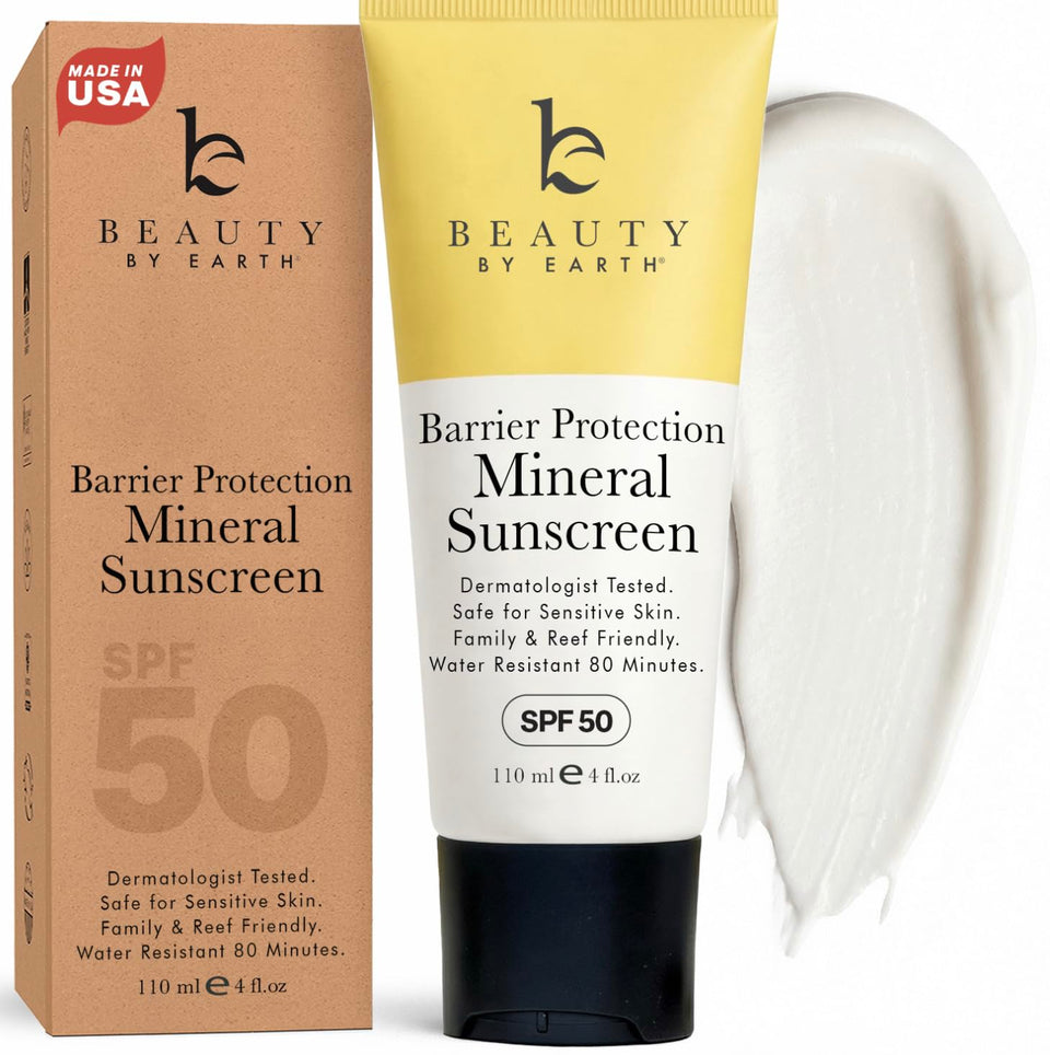 Beauty by Earth front packaging showing SPF 50 protection and benefits