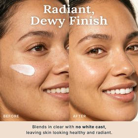 Beauty by Earth close-up showing no white cast on skin after application, natural finish benefit