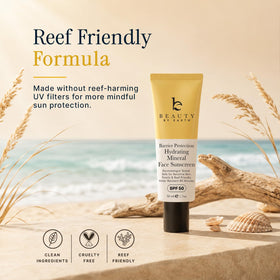 Beauty by Earth sunscreen beside sunglasses for scale, convenient travel-size and portability benefit
