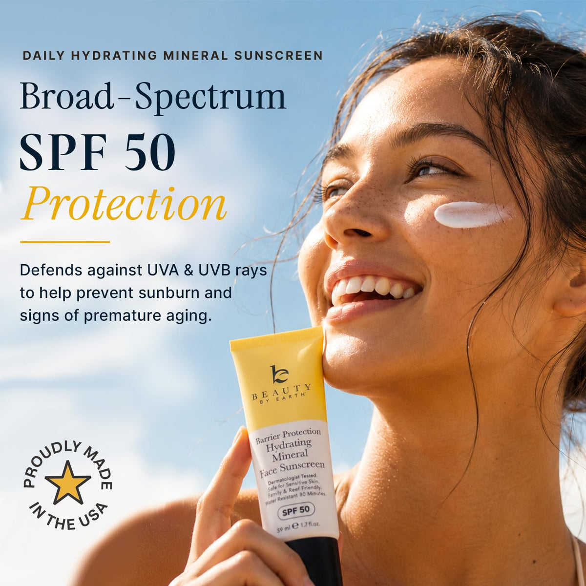 Beauty by Earth sunscreen creamy texture dispensed from pump, demonstrating lightweight hydration benefit