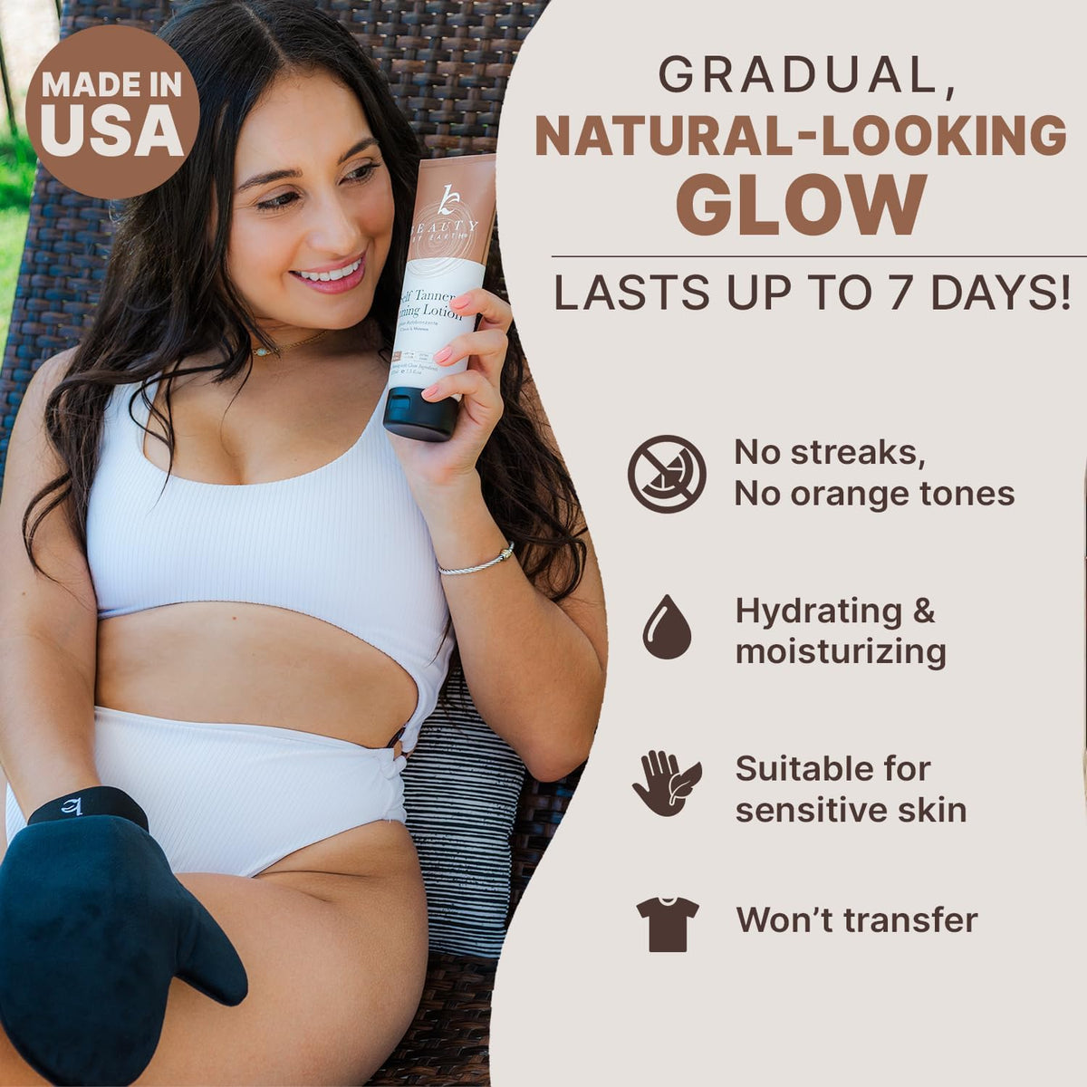 Beauty by Earth lotion texture on pump demonstrating smooth, non-sticky finish