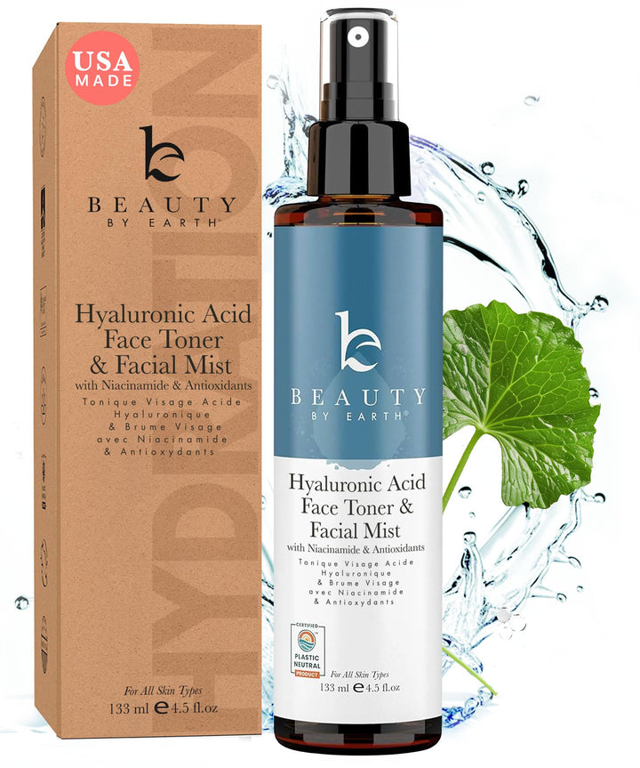 Beauty by Earth front packaging showing the toner bottle and label benefits