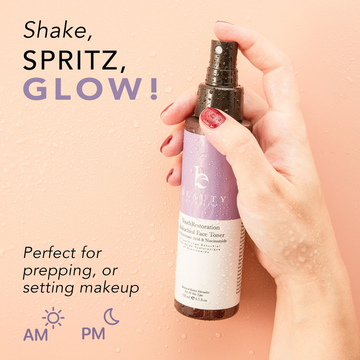 Beauty by Earth spraying toner onto clean face illustrating quick refresh and calm