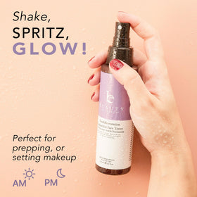 Beauty by Earth spraying toner onto clean face illustrating quick refresh and calm