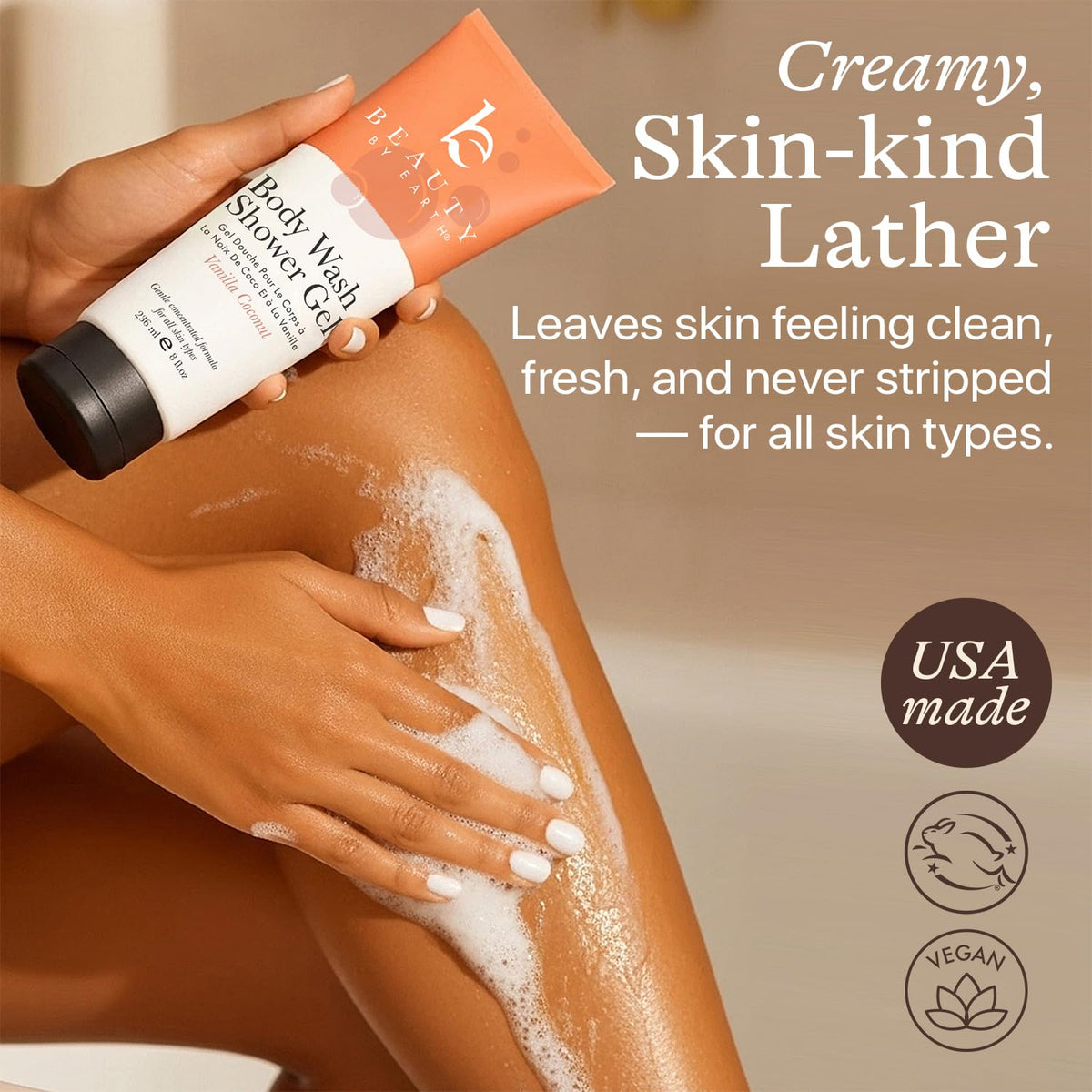 Beauty by Earth gel texture close-up showing creamy lather and moisturizing feel