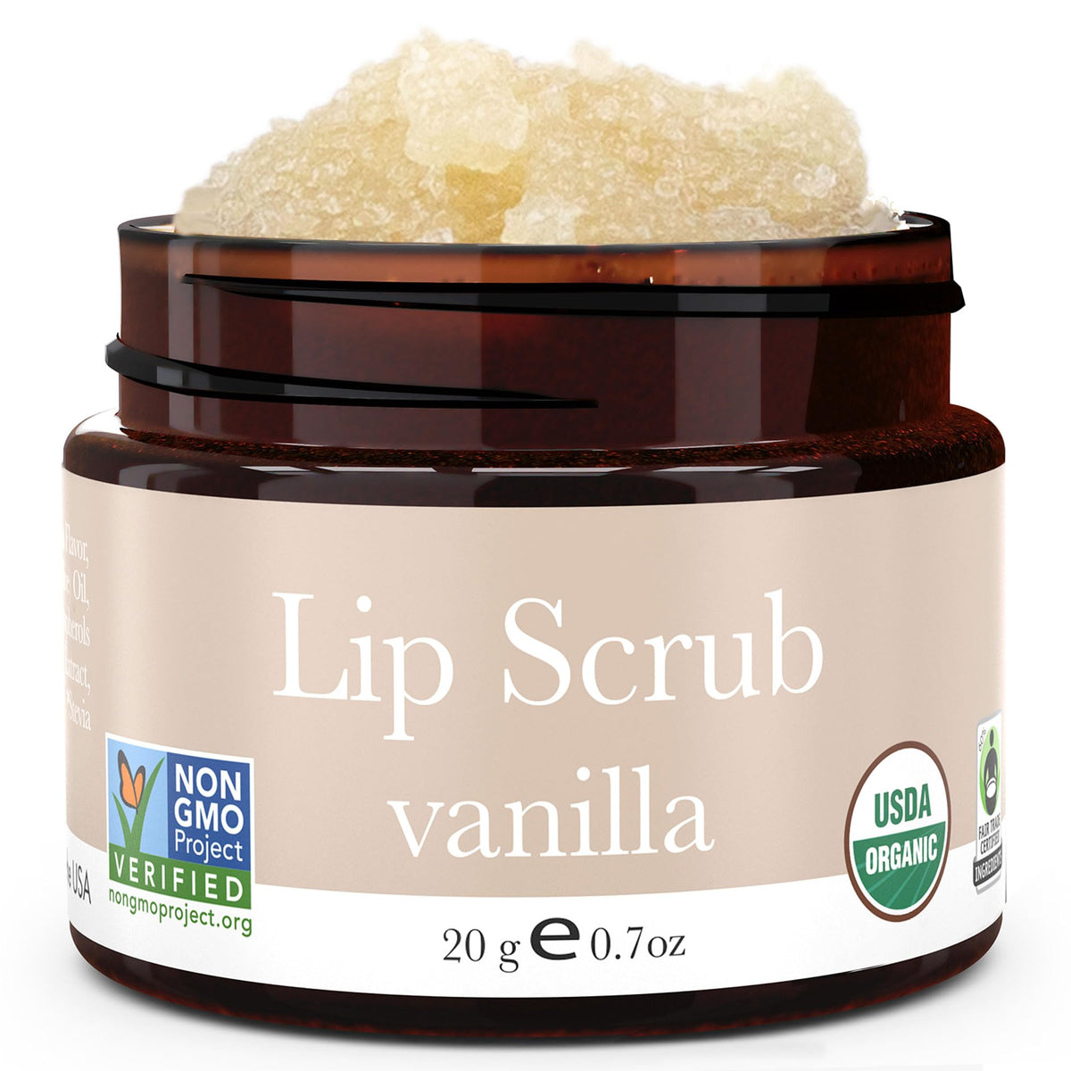 Beauty by Earth front jar shot showing organic vanilla lip scrub and clear labeling benefit: clean ingredients