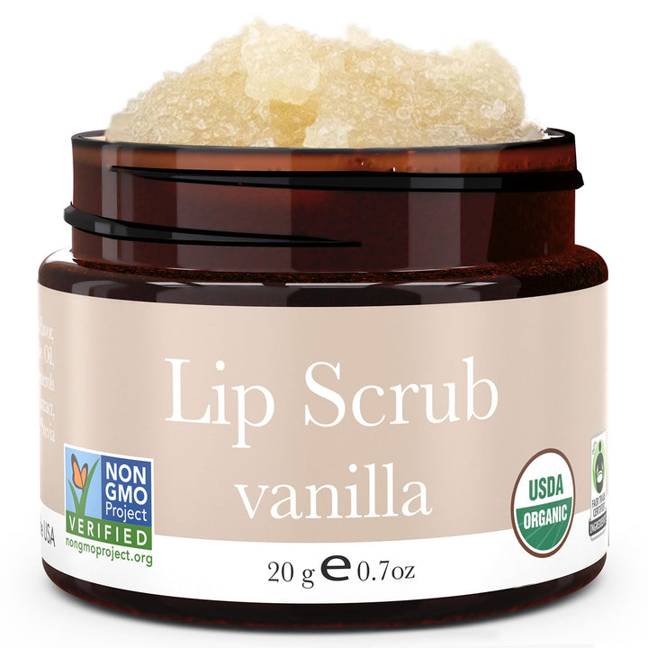 Beauty by Earth front jar shot showing organic vanilla lip scrub and clear labeling benefit: clean ingredients