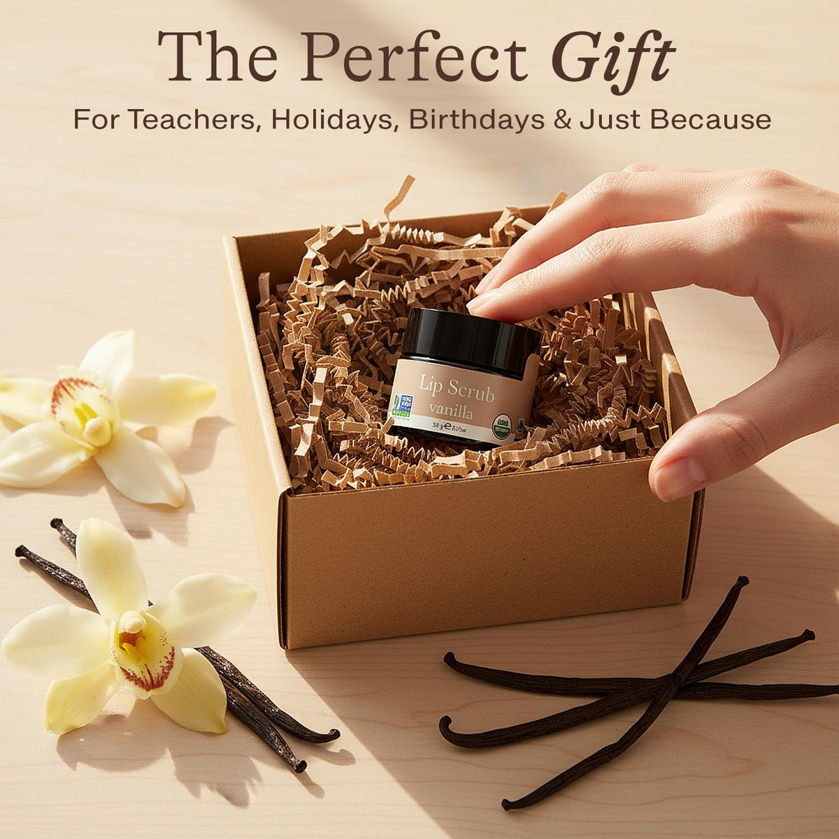 Beauty by Earth lip scrub in gift box presentation, perfect as a thoughtful stocking-stuffer benefit