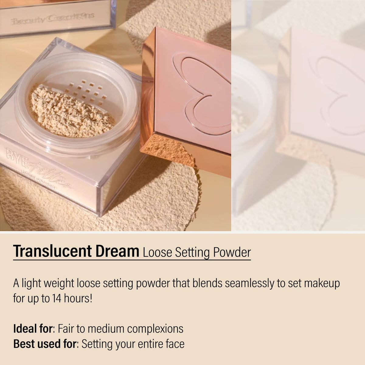 Beauty Creations open sifter and loose powder close-up highlighting easy dispensing