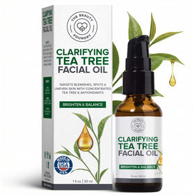Beauty Foundry front packaging of clarifying tea tree oil showing bottle and label benefits