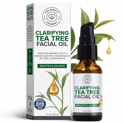 Beauty Foundry front packaging of clarifying tea tree oil showing bottle and label benefits