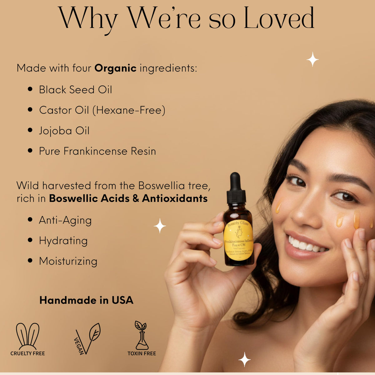Beauty Glow label detail highlighting ingredients and organic claims
