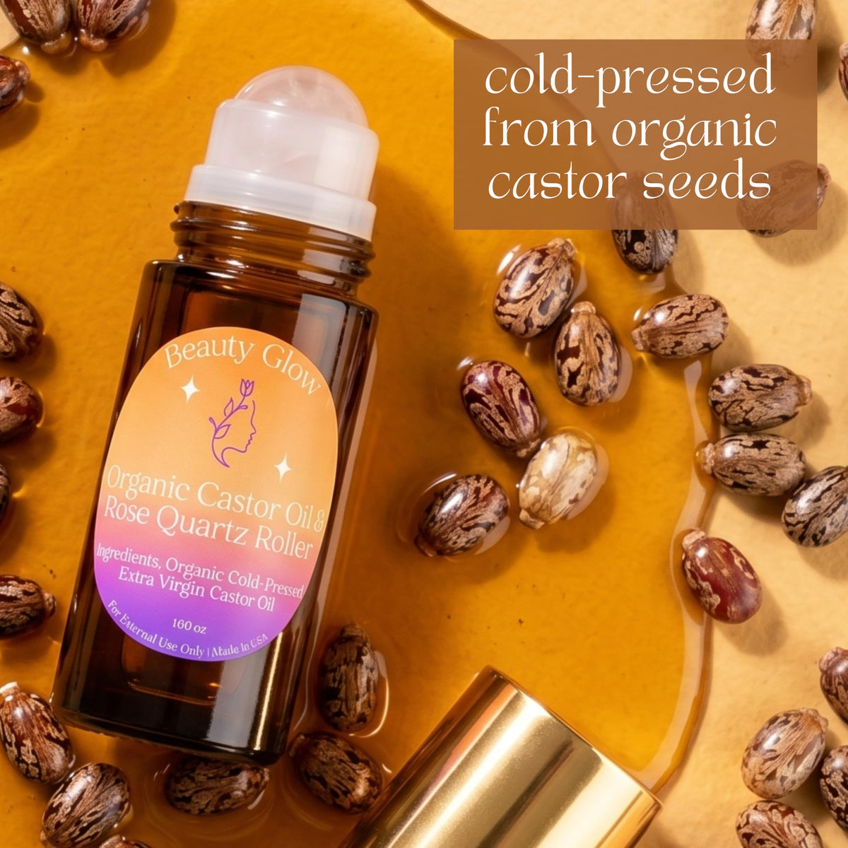Beauty Glow bottle on spa towel in serene setting for relaxing self-care benefit