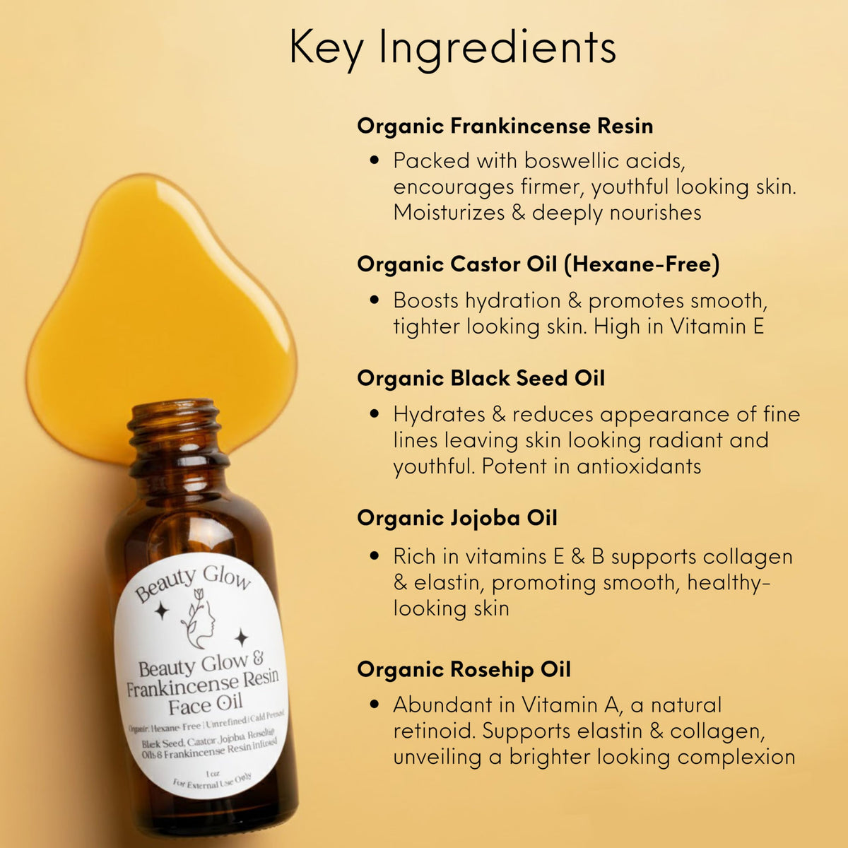 Beauty Glow oil poured into palm demonstrating easy application and hydration