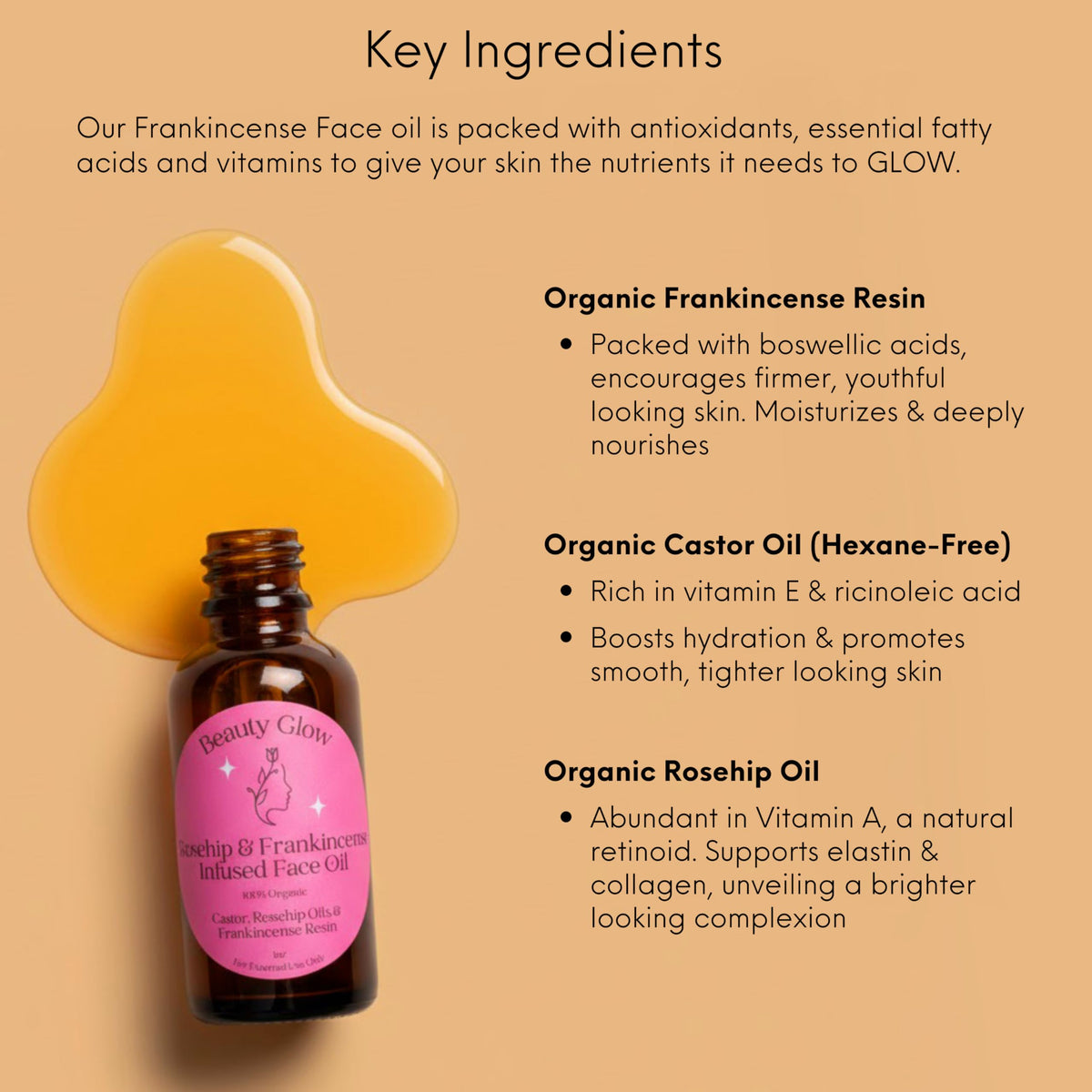 Beauty Glow oil pouring to reveal lightweight texture and easy absorption