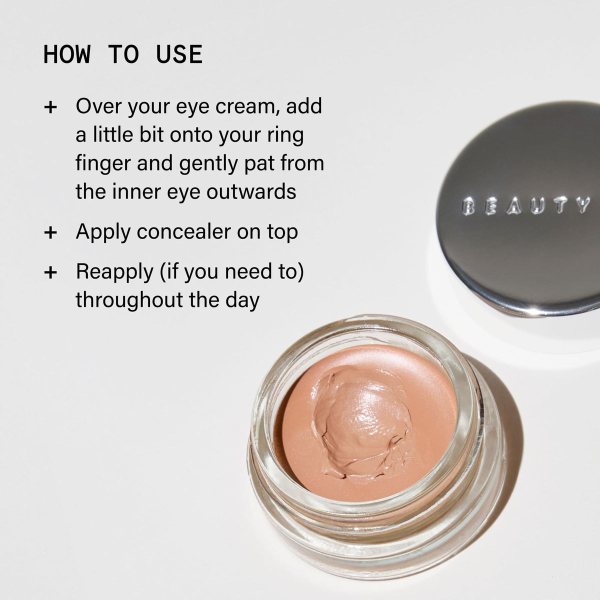 Beauty Pie application demonstration patting product under eye for natural coverage and hydrated finish