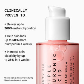 Beauty Pie bottle next to common objects showing 50ml scale and travel-friendly benefit