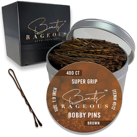 Beauty Rageous front packaging tin showing 400-count brown bobby pins and storage benefit