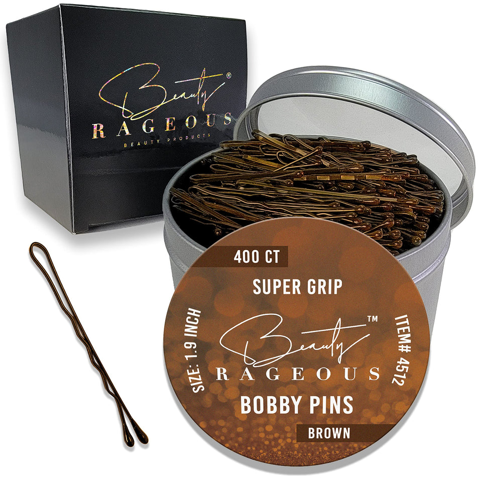 Beauty Rageous front packaging tin showing 400-count brown bobby pins and storage benefit