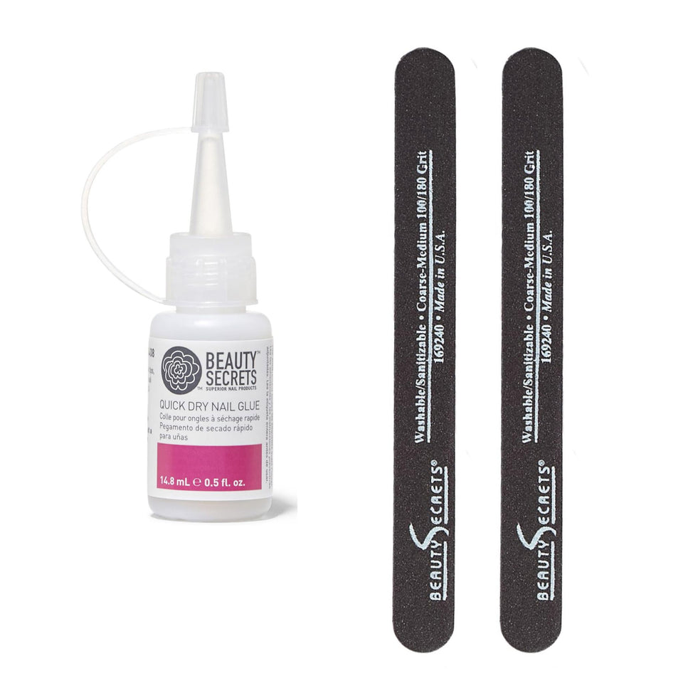 Beauty Secrets front packaging showing glue bottle and files for quick, professional bonding