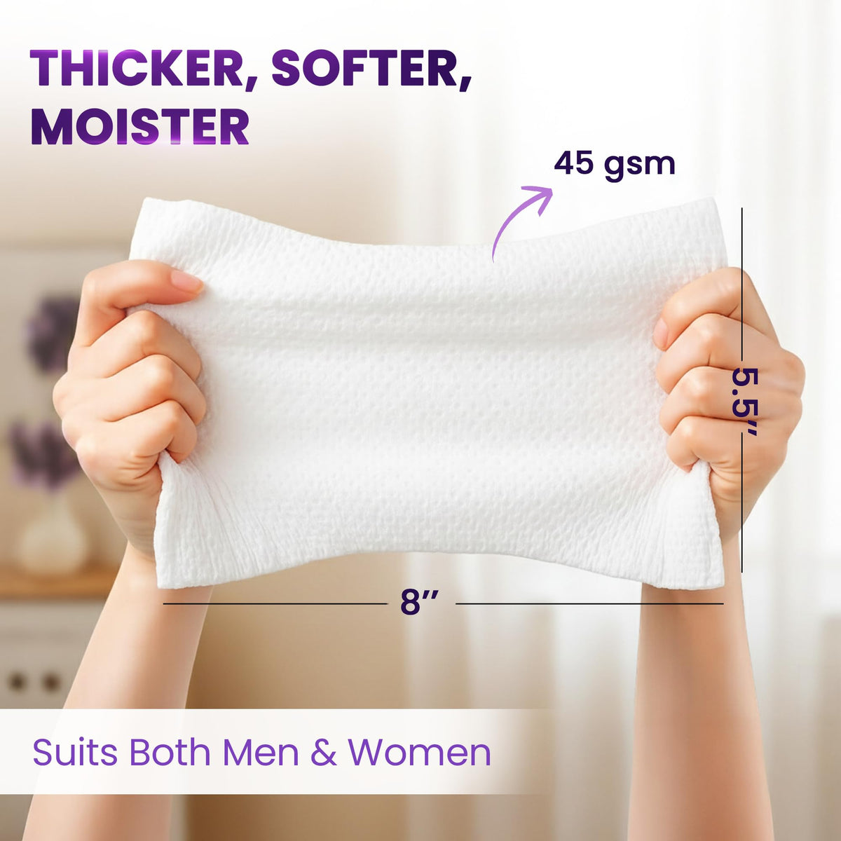 BEAUTYfRIZZ single wipe in hand for size and thickness comparison and strength