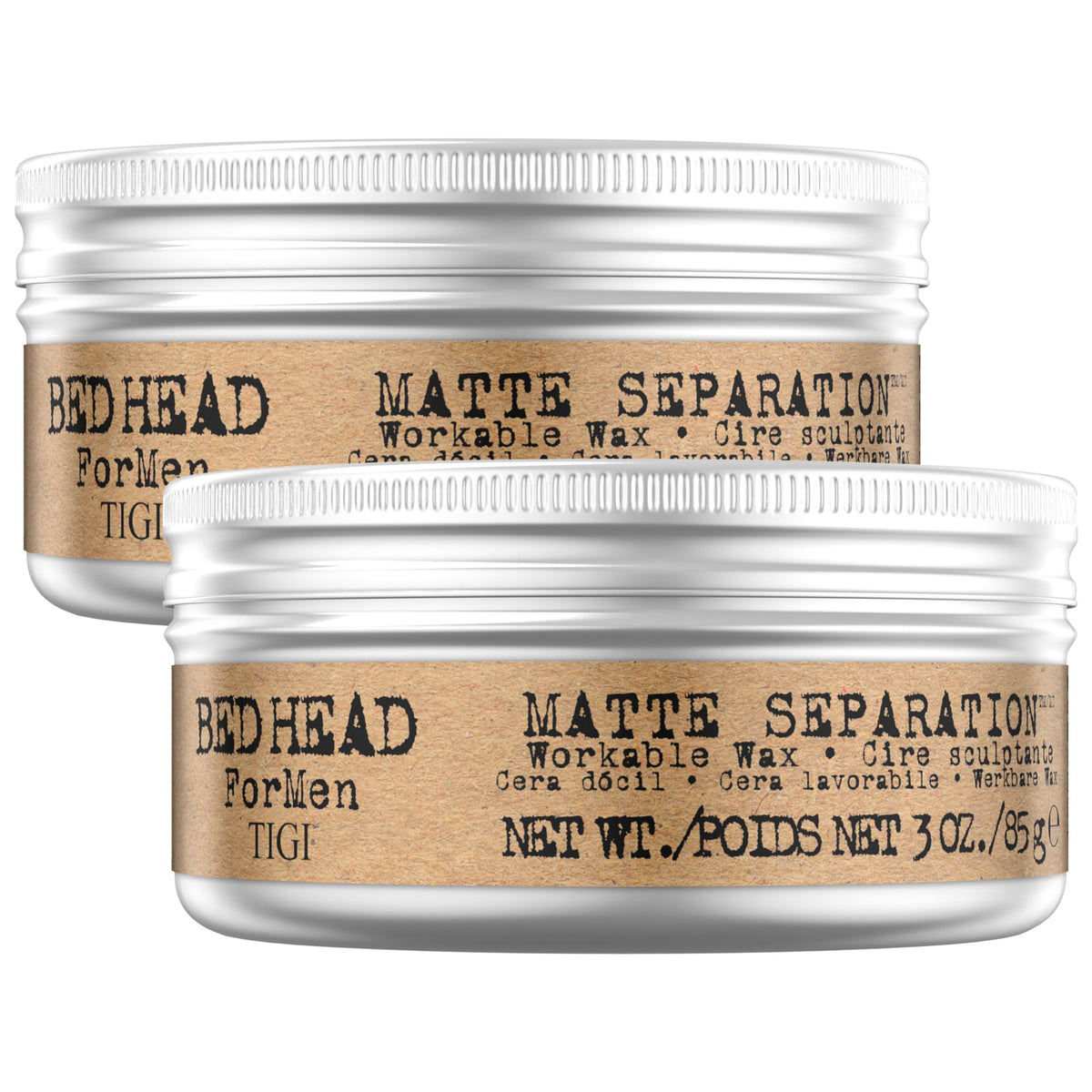 Bed Head front packaging showing two 3 oz tins and clear product name for travel convenience