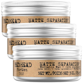 Bed Head TIGI front packaging showing matte separation wax and travel size benefit