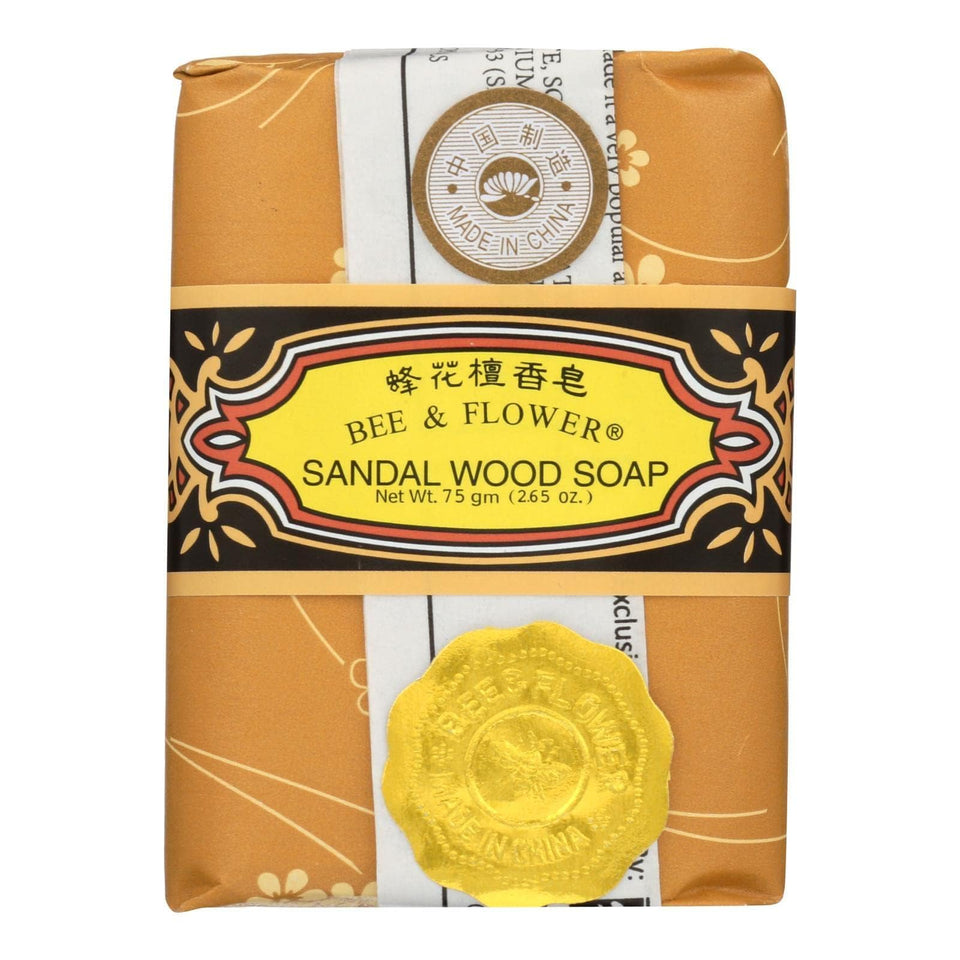 Bee & Flower front view of soap case showing packaging and sandalwood scent benefit