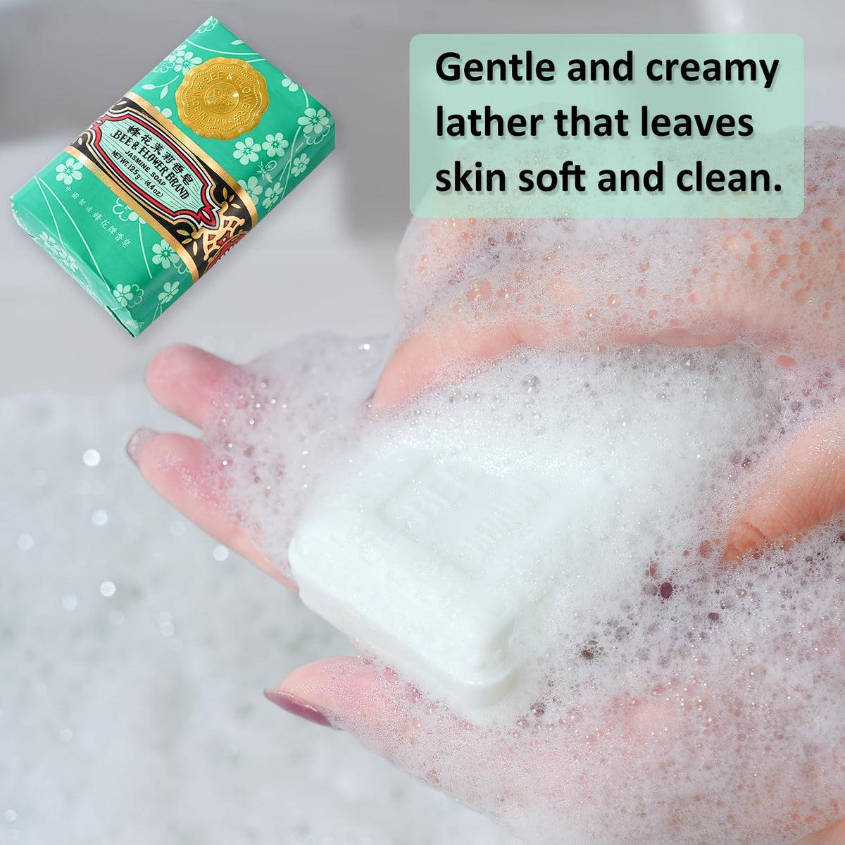Bee & Flower soap held in hand to show 4.4 oz scale and convenient travel size