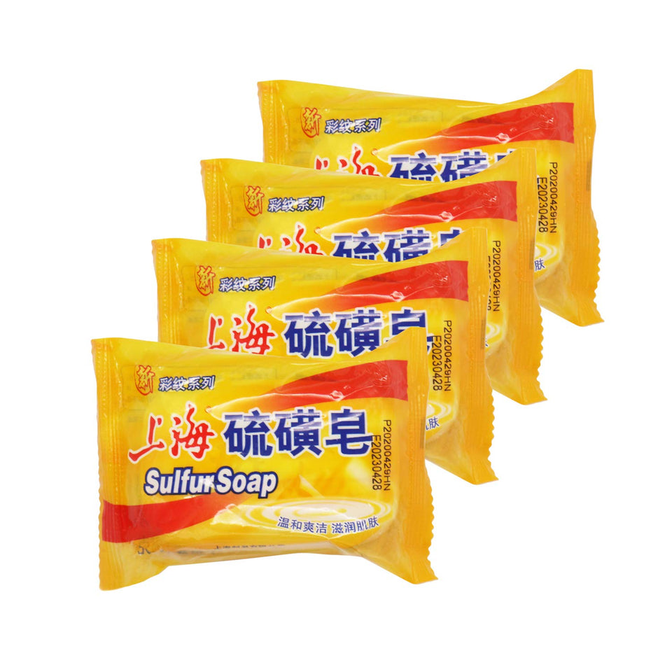 Bee & Flower front packaging showing four sulfur soap bars and benefits