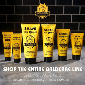 Bee Bald label close-up highlighting ingredients and sunscreen benefits