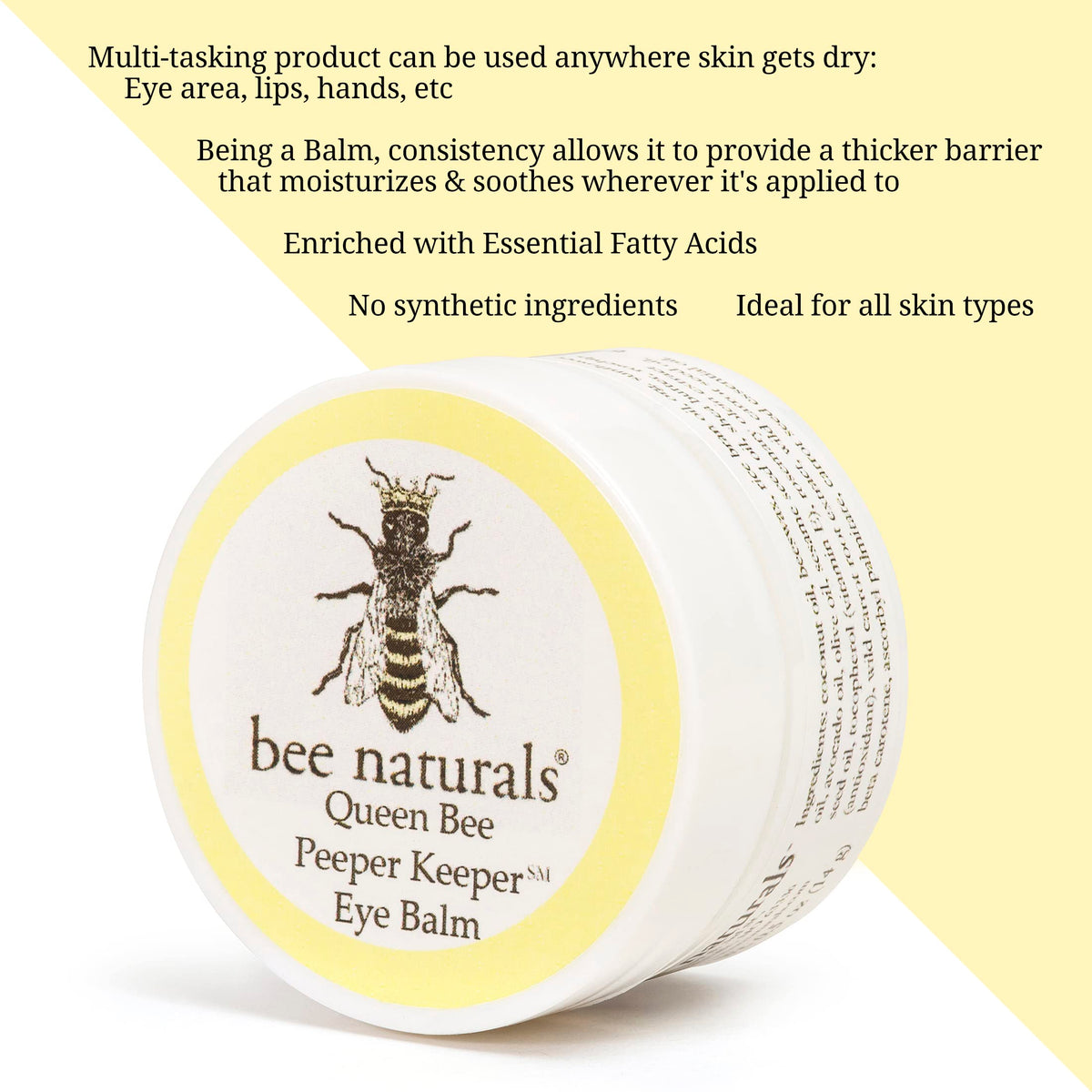 Bee Naturals Peeper Keeper being applied under eye from fingertip demonstrating de-puffing benefit