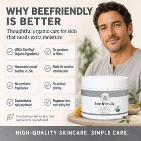BeeFriendly jar on bathroom shelf lifestyle shot suggesting daily intimate care