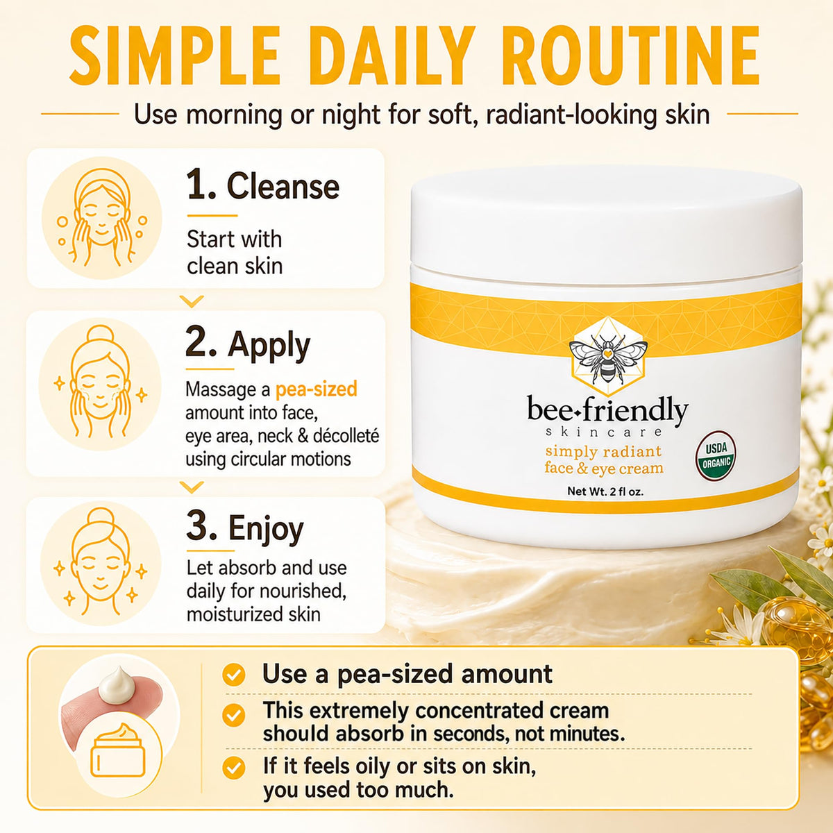 BeeFriendly cream spread on neck and decollete showing firming hydration benefit
