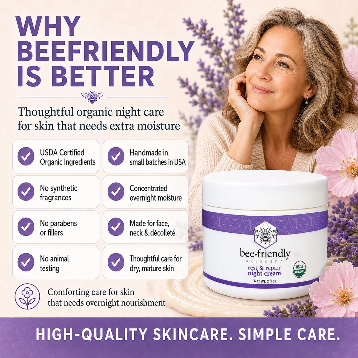 BeeFriendly night cream on bathroom shelf suggesting part of nightly routine ease