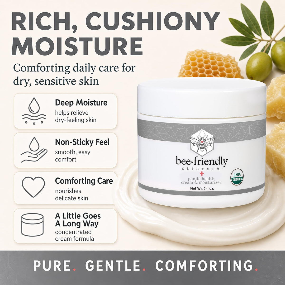 BeeFriendly extra virgin olive oil pouring to emphasize moisturizing fatty acids