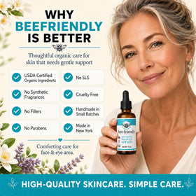 BeeFriendly held in hand to show one-ounce size and travel-friendly benefit