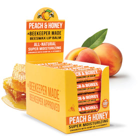 Beekeeper Made front packaging showing 40-count peach lip balm, convenient bulk supply