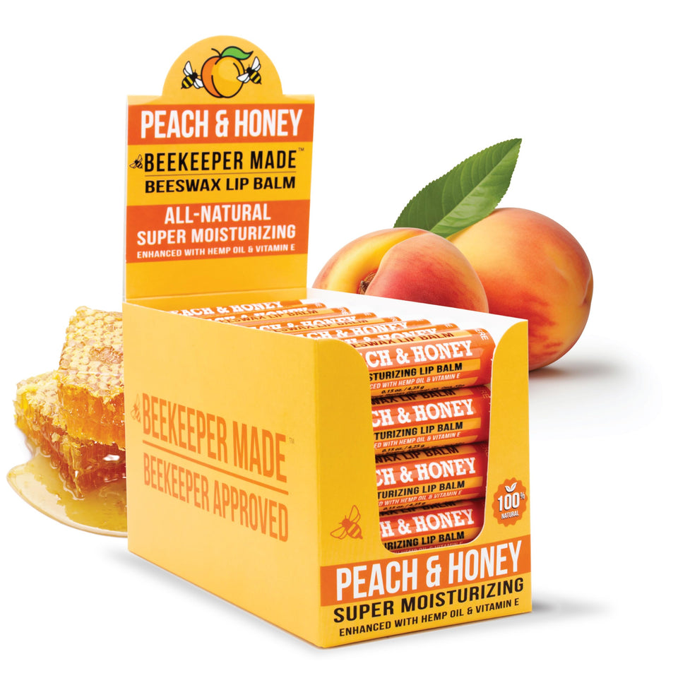 Beekeeper Made front packaging showing 40-count peach lip balm, convenient bulk supply