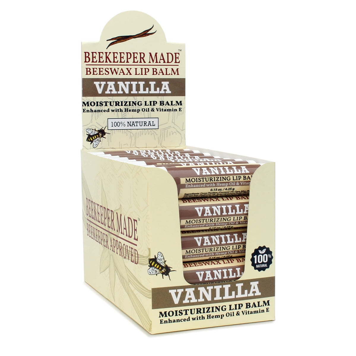 Beekeeper Made front packaging showing 40-count vanilla lip balm for convenient gifting