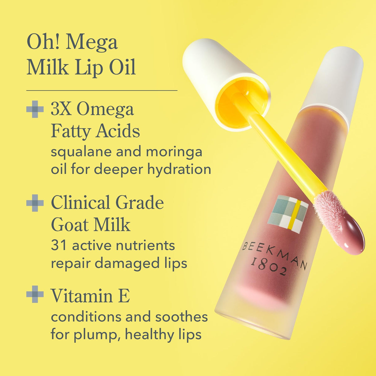 Beekman 1802 applicator wand with glossy oil demonstrating smooth texture