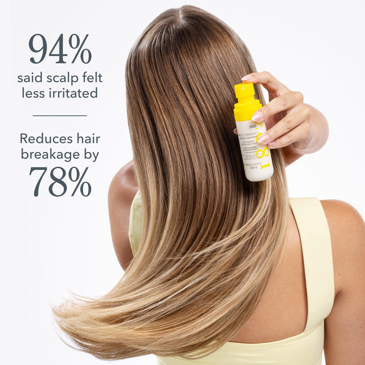 Beekman 1802 before and after frizz control showing smoother, shinier hair with reduced flyaways